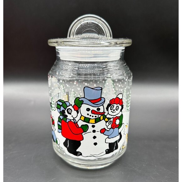 Vintage Glass Jar Storage Container Christmas Pandas Snowman 90s Kitschy Candy - Picture 1 of 10